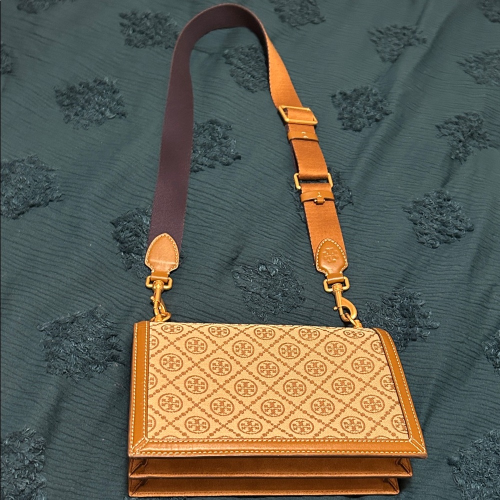 Tory Burch Tan and Cream Logo Jacquard Crossbody with Adjustable Strap - Picture 2 of 5